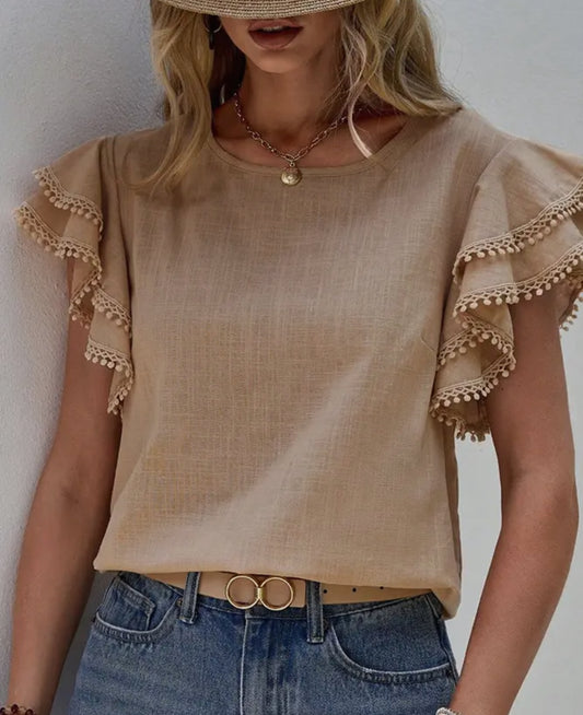Ruffled Sleeve Tan